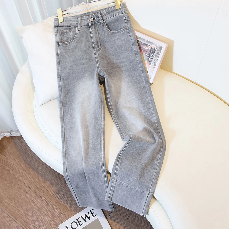 2025年春秋新款烟灰色烟管直筒高腰牛仔裤女九分裤修身显瘦2213