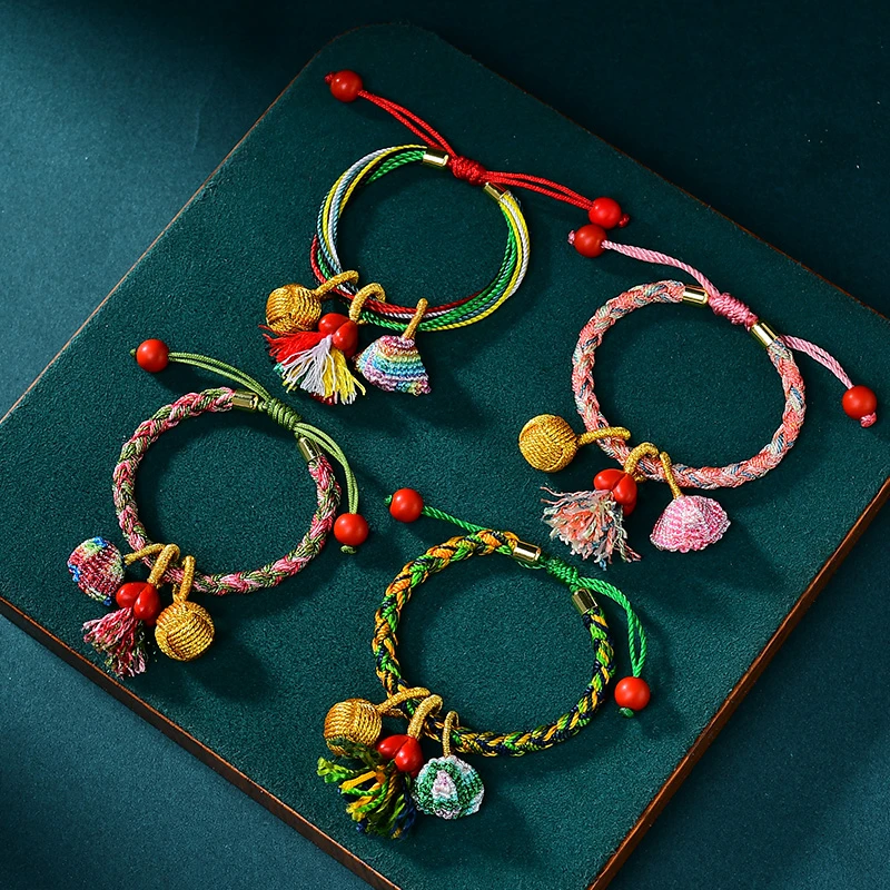非金属布艺手链 端午五彩绳粽子绣球扫把编织手绳五色线长命缕