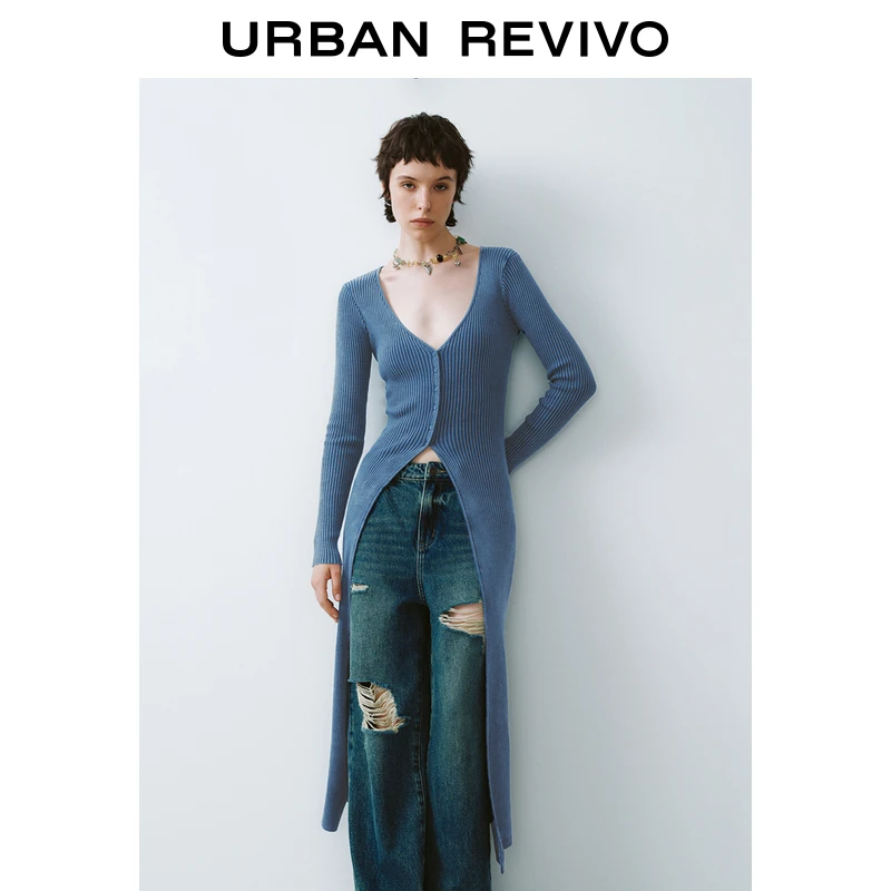 UR秋冬新款女装慵懒气质坑条修身长款针织开衫UYL940021