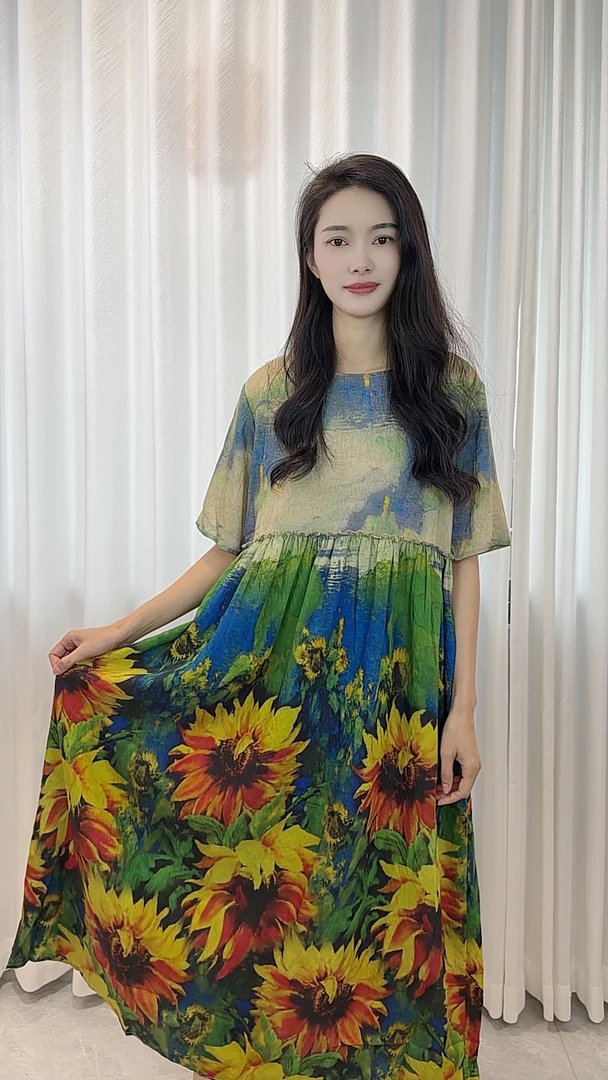 【葵花朵朵】2025夏季新款丝麻数码印花大码高腰宽松圆领长款连衣裙