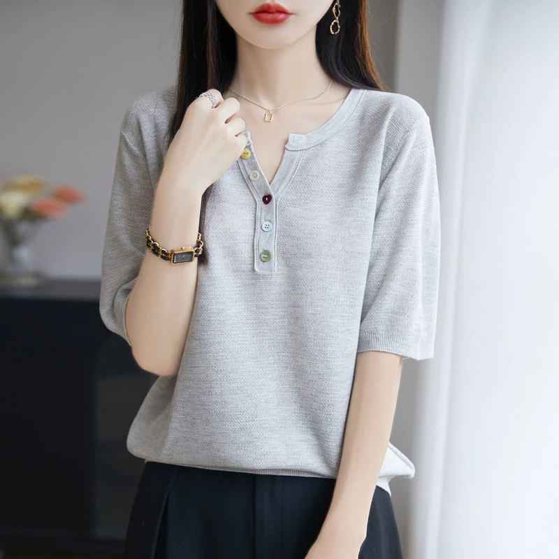 哥弟阿玛施正品新款夏季短袖针织T恤衫女士宽松休闲套头薄款上衣