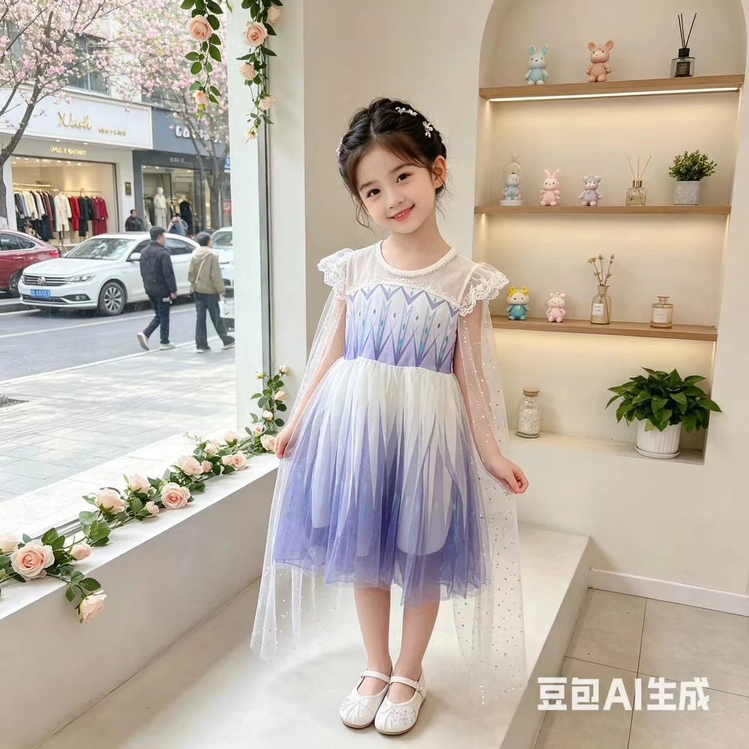 3326冰雪奇缘艾莎公主裙女童短袖爱莎长裙儿童表演裙话剧演出服