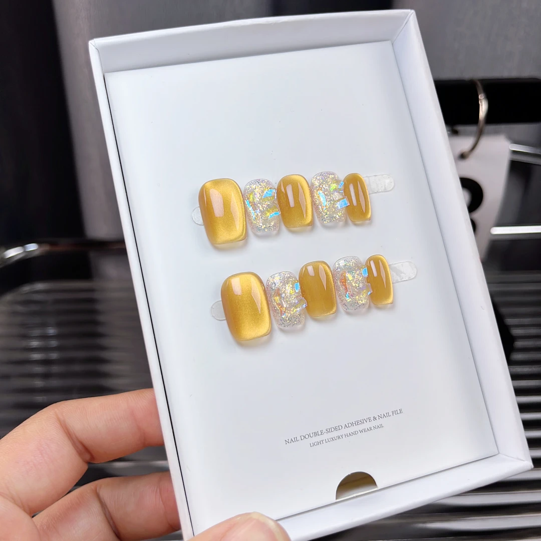 【芒果碎冰】手工穿戴甲亮片设计小清新显白猫眼美甲