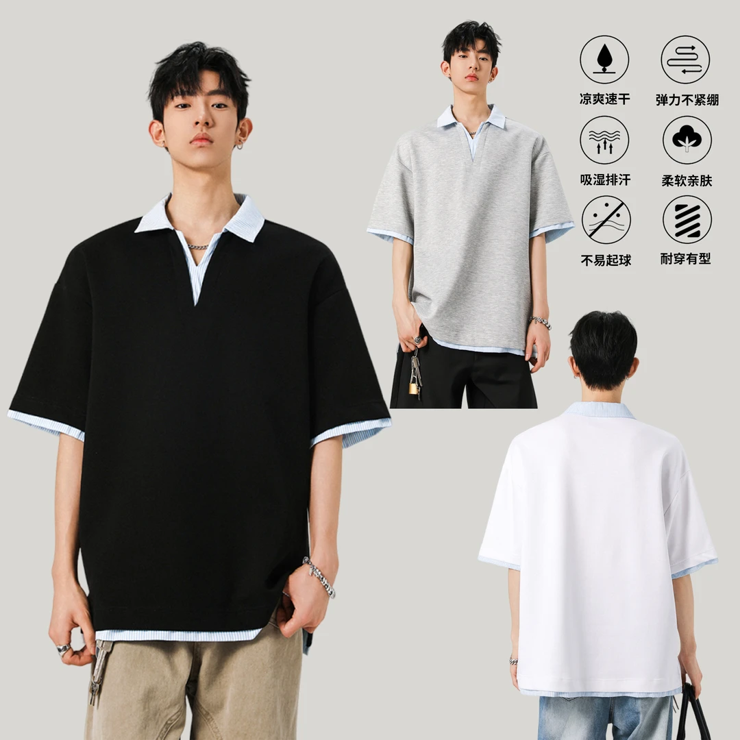 假两件拼接衬衫领短袖t恤男V领休闲宽松潮流夏季2025新款男生上衣