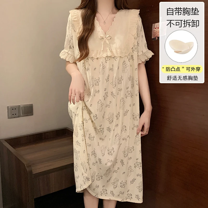 睡裙女款夏季带胸垫可爱花园小熊2025爆款长裙夏天少女睡衣家居服