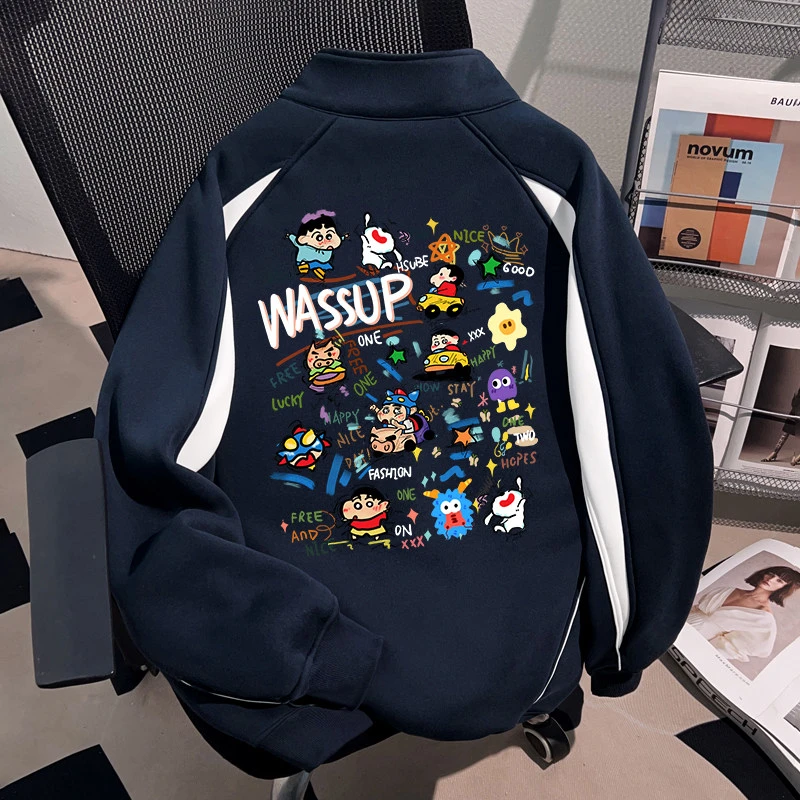 WASSUP HSUBE蜡笔小新复古半拉链立领卫衣男美式秋冬套头宽松上衣