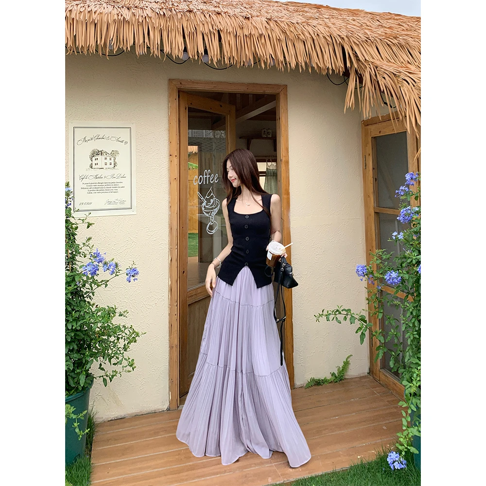 【优雅不过时】温柔百搭无袖显瘦针织背心气质压褶半身裙套装21066