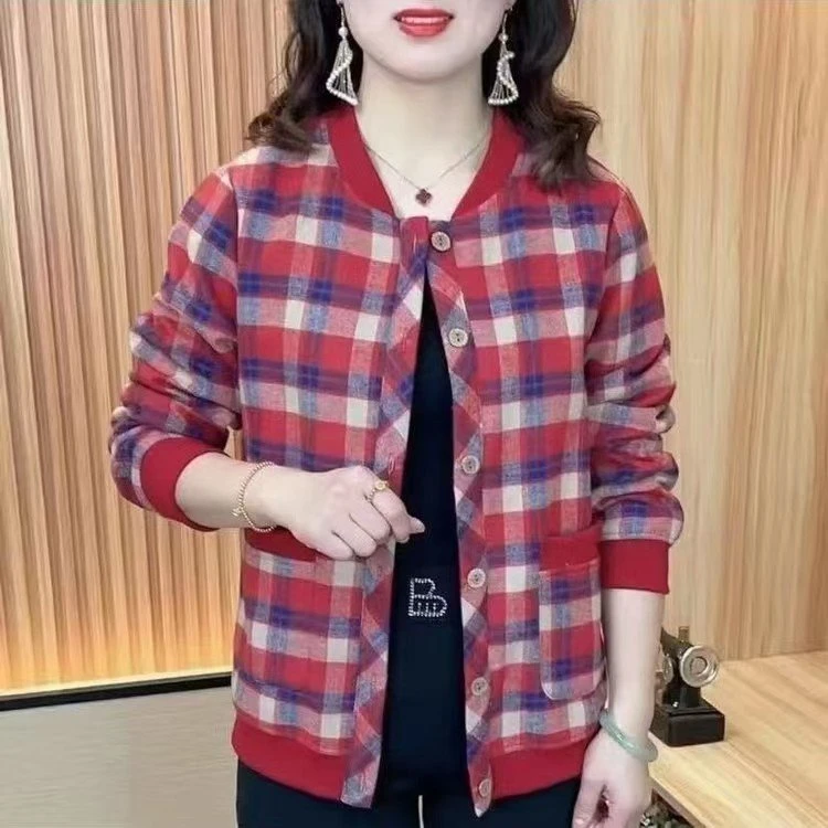 爆款2025秋季新款时尚圆领格子长袖女装小外套上衣