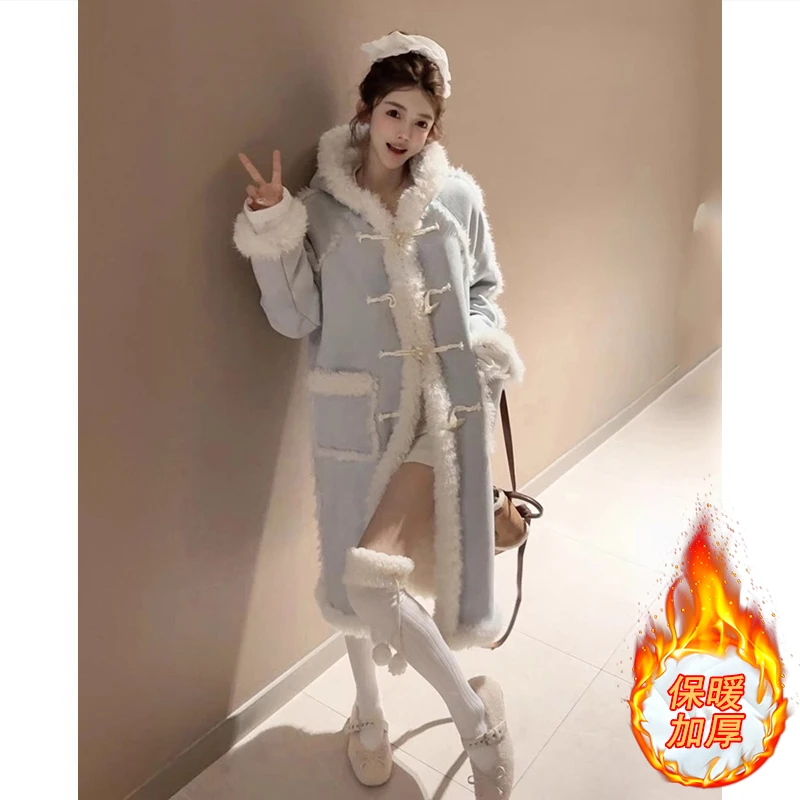 韩系双面穿毛毛呢外套女秋冬新款高级感皮毛一体气质加绒加厚大衣