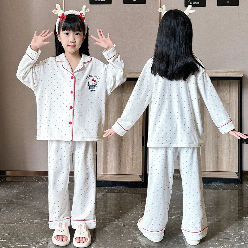 儿童德绒新款睡衣开衫秋季女童长袖保暖中大童女孩亲子可爱家居服