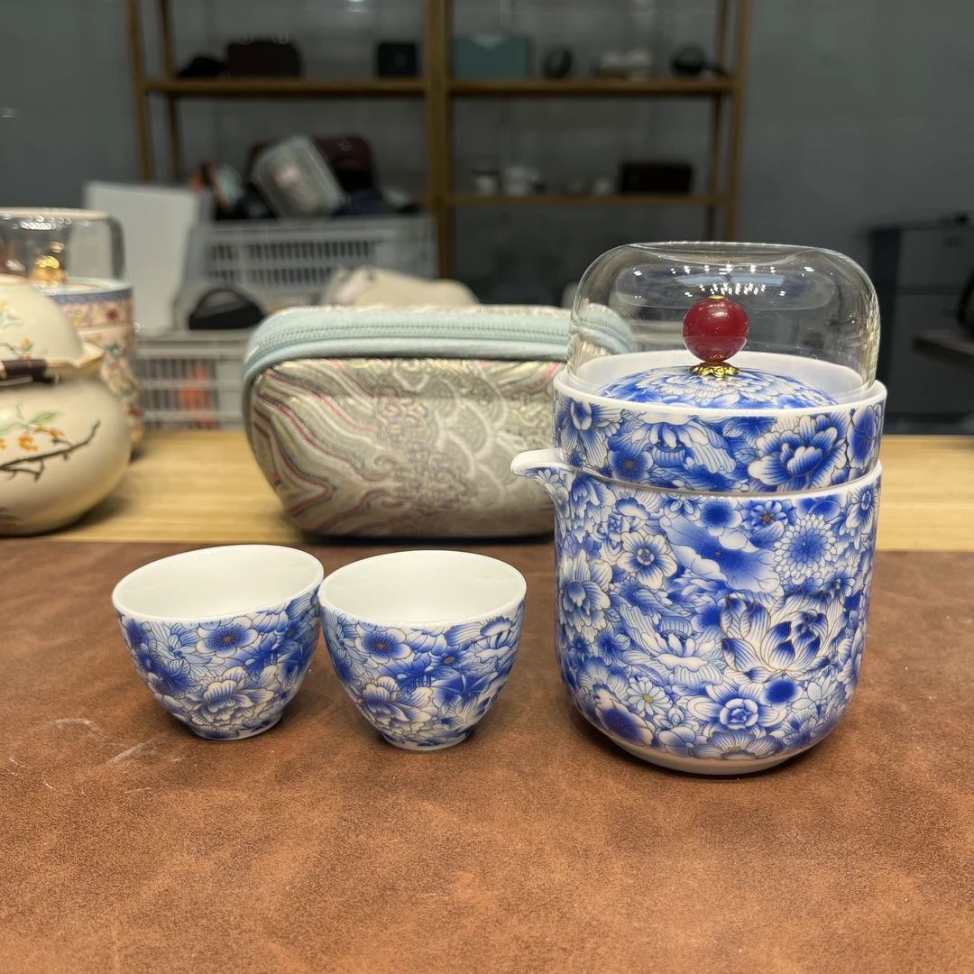 A270珐琅彩宝相花旅行茶具 精致一壶三杯便携式户外套装 景德镇