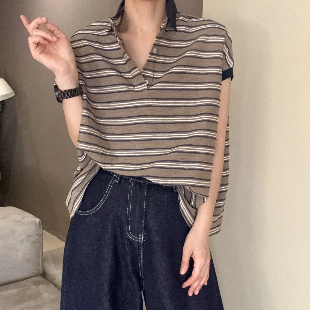 Polo翻领潮流休闲风复古无袖条纹宽松T恤时尚日常短袖-25138