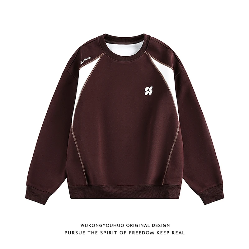 悟空有货潮牌美式撞色拼接圆领卫衣男女秋季宽松情侣百搭套头上衣