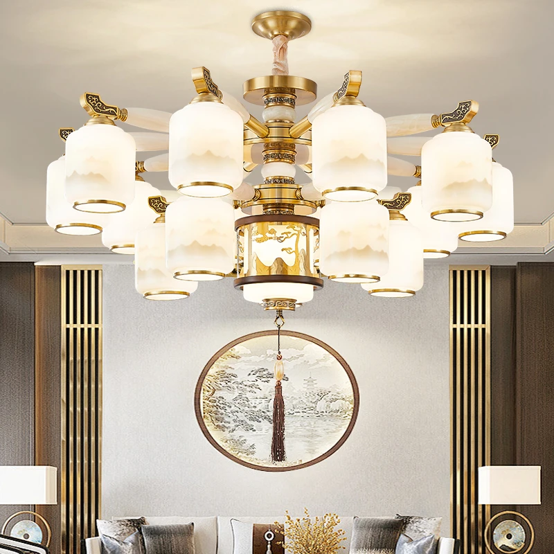 全铜玉石新中式别墅自建房家用吊灯楼梯餐厅卧室书房灯朝下款