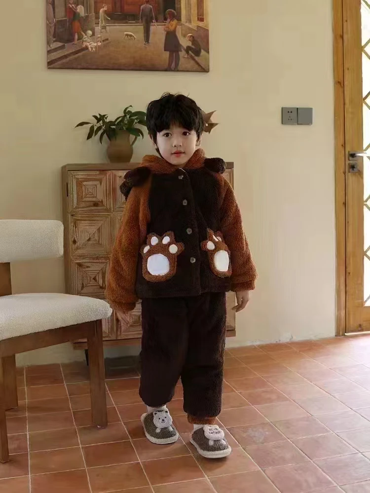 2024冬新品男女童双层加厚睡衣加绒家居服可外穿套装