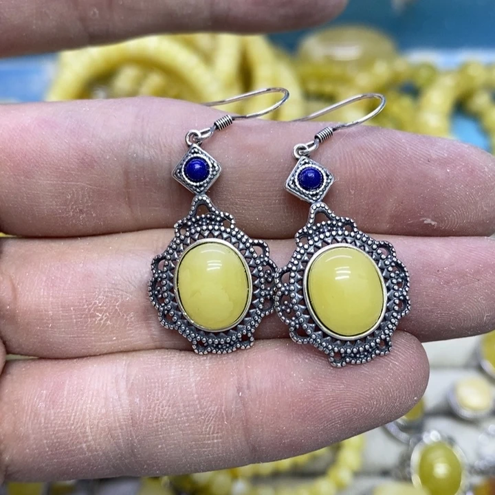 蜜蜡裸石银S925镶嵌耳坠