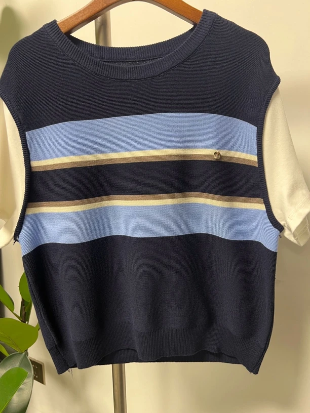 女士针织条纹拼色T