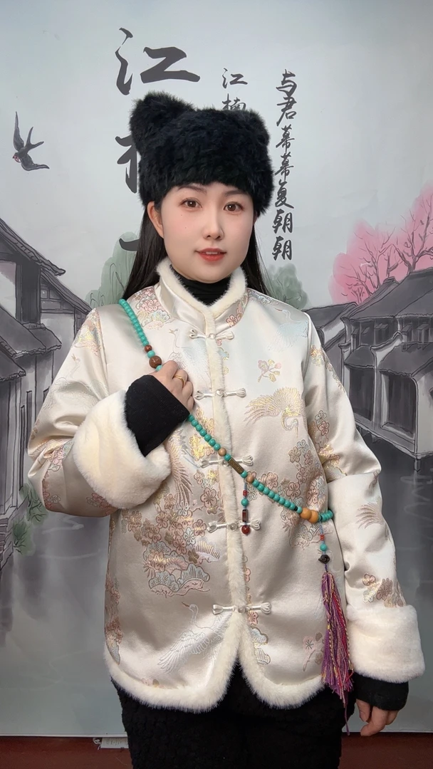 彩色梅花-新中式中国风冬季加绒加厚口袋双面双穿织锦缎外套