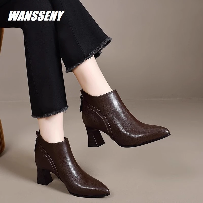 WANSSENY2025年秋冬高跟马丁靴女英伦风真皮短靴尖头气质瘦瘦靴女