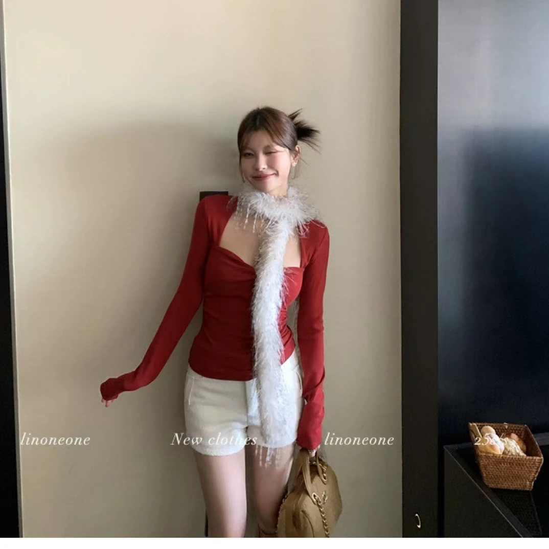 （大發）冬季新款扭结大方领修身显瘦打底长袖T恤女网红时尚性感