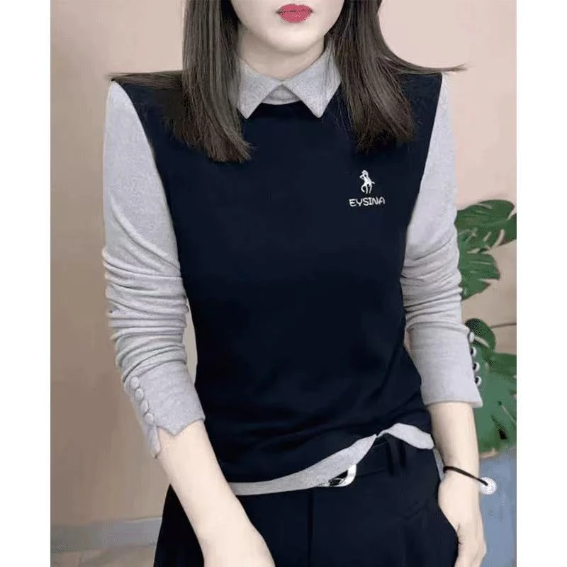 K605#时尚洋气拼色假二件宽松气质卫衣（L~4XL 90~160斤）