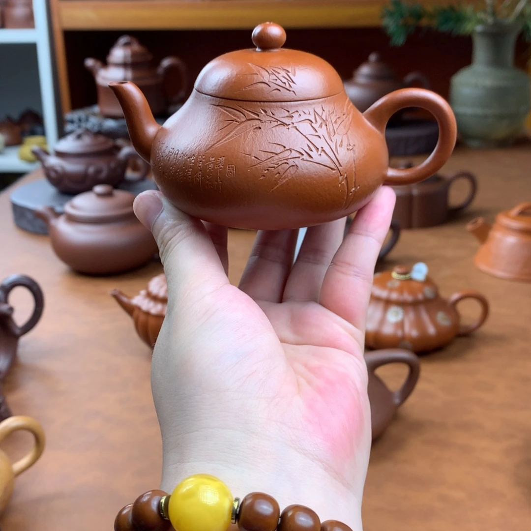 茶壶紫砂朱泥梨壶精工刻绘
