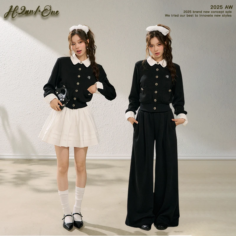 H2AN1 STUDIO撞色拼接假两件针织开衫毛衣外套木耳边百褶裙套装