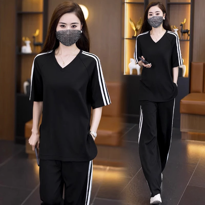 大码女装2025夏季新款休闲时尚运动服套装胖mm遮肉减龄显瘦两件套