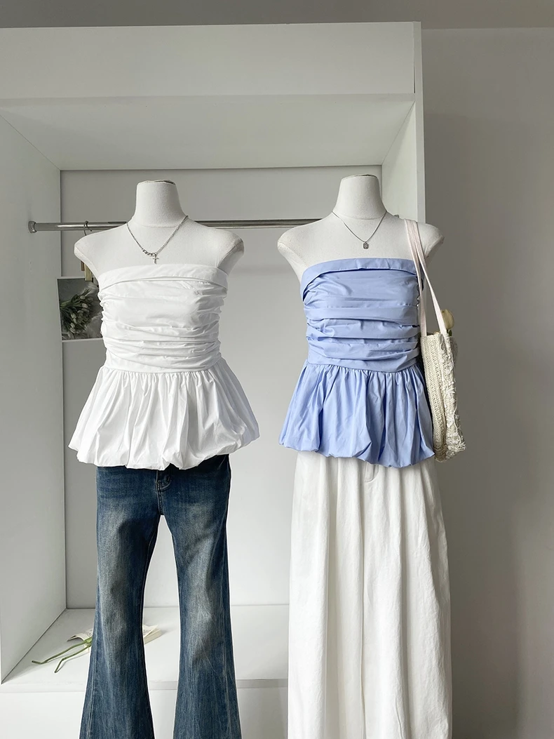 法式一字肩褶皱抹胸背心修身显瘦荷叶边裙摆上衣纯欲风气质短款