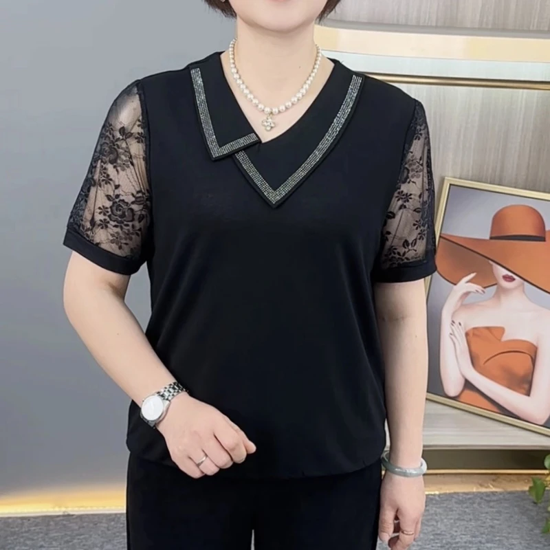 夏季新款不规则领纯色烫钻设计气质妈妈装宽松休闲短袖上衣K5877