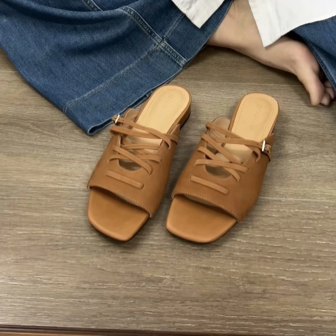 Dannyfrey法式高级感交叉系带真皮女鞋小众镂空软底通勤平底半拖