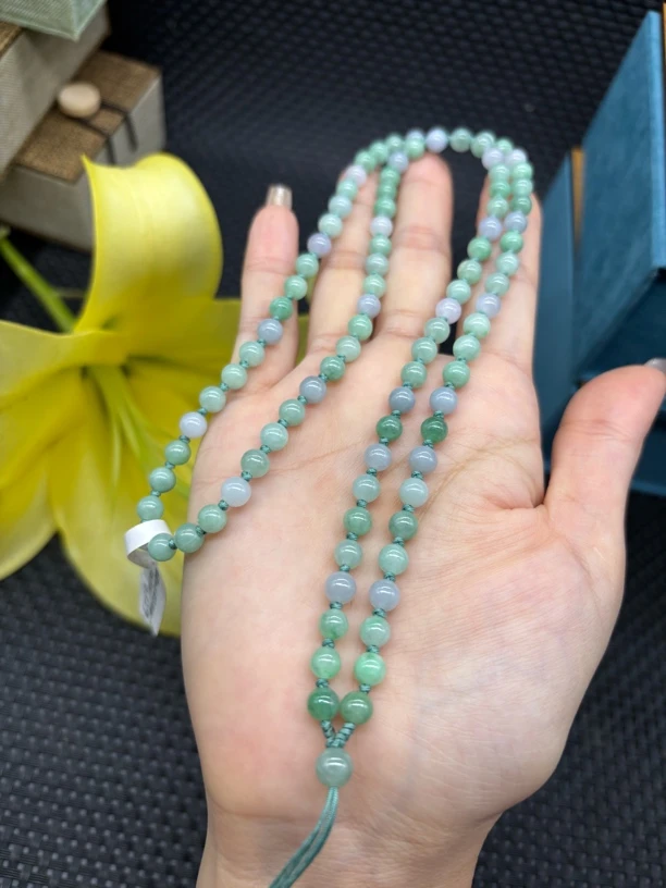 精美天然缅甸A货翡翠满绿拼色圆珠5mm紫罗兰编织玉石挂件绳毛衣链