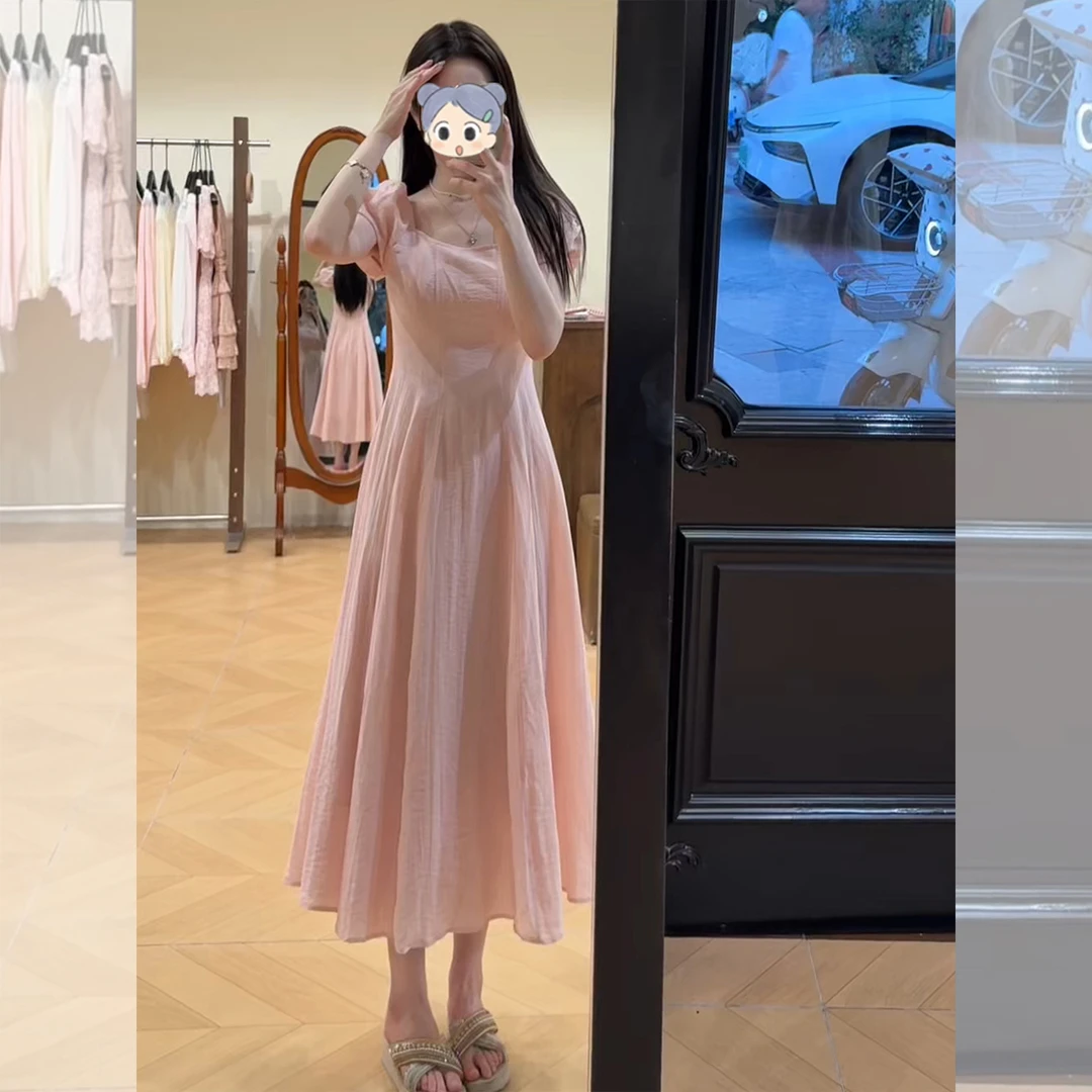 法式温柔风方领泡泡袖收腰a字连衣裙女夏季超好看独特漂亮掐腰裙