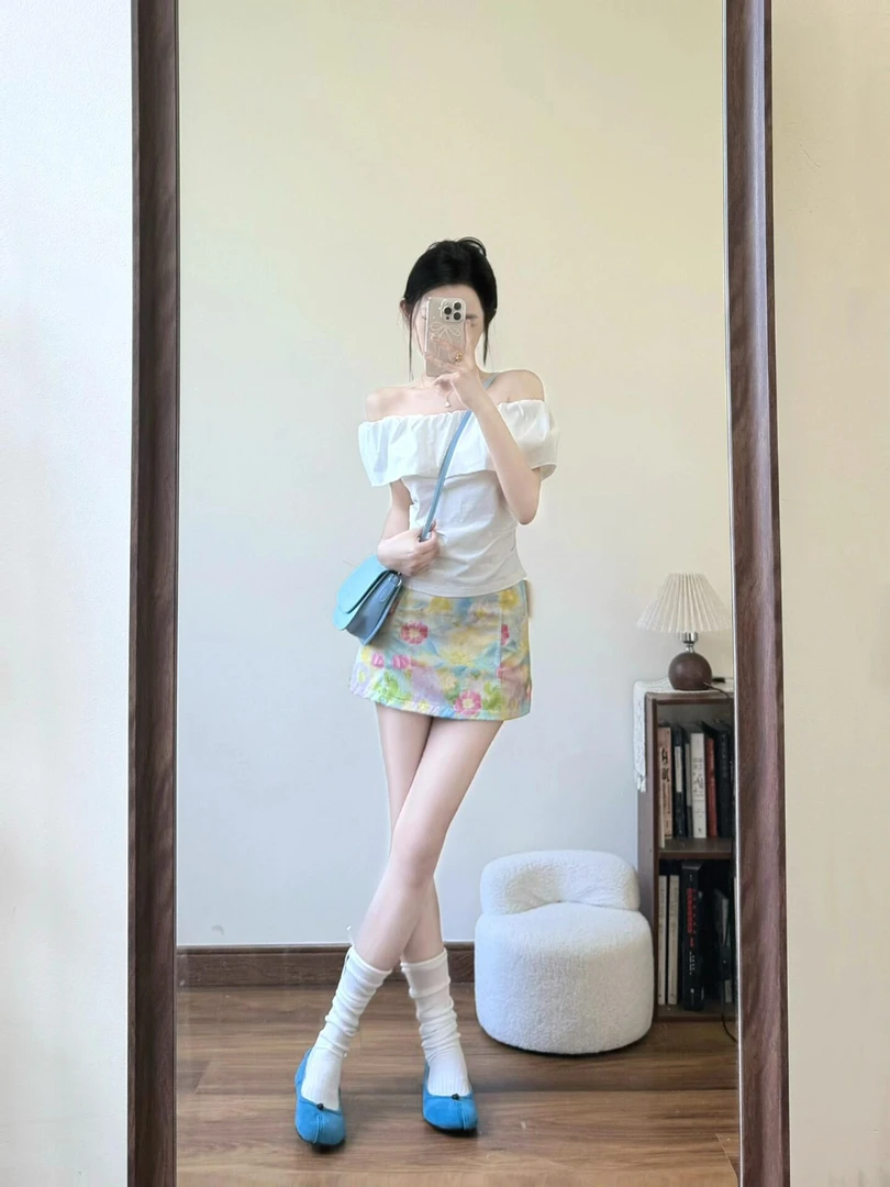 十三行2025夏装新款韩版荷叶边一字肩短袖衬衫女修身显瘦百搭上衣