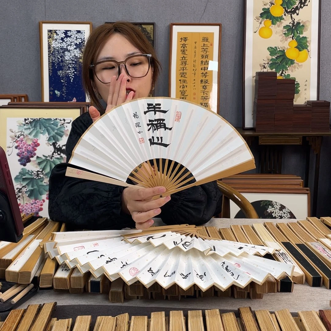 国画6寸玉竹-纯手绘-文玩扇骨（默认粘好）半称心