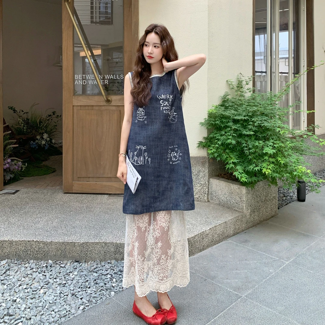 蕾丝两件套装刺绣无袖牛仔连衣裙女夏2025新款韩系绝美小众设计感