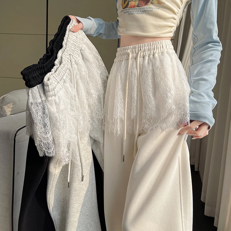 TUBREIT/图百年蕾丝花边阔腿裤春季新款两穿辣妹直筒百搭休闲卫裤