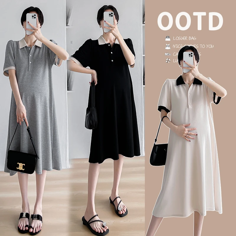 2025夏季撞色POLO领中长款孕妇连衣裙宽松型小个子遮肚翻领减龄