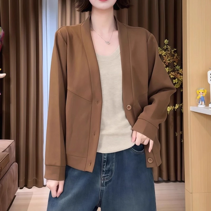 高级感气质V领开衫短外套秋季新款胖MM大码女装显瘦时尚百搭上衣