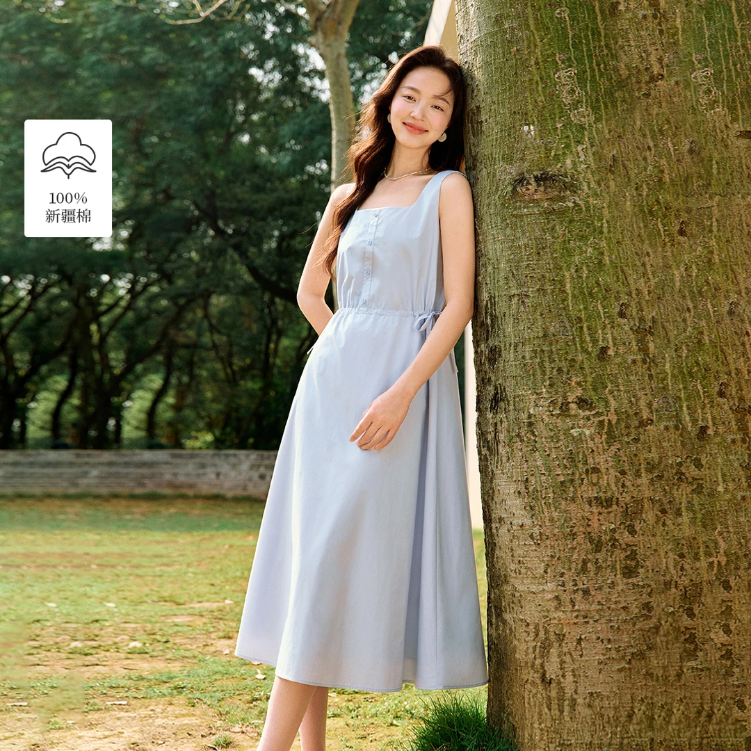 茵曼法式方领纯棉背心连衣裙女2025年夏季新款收腰无袖蓝色裙子