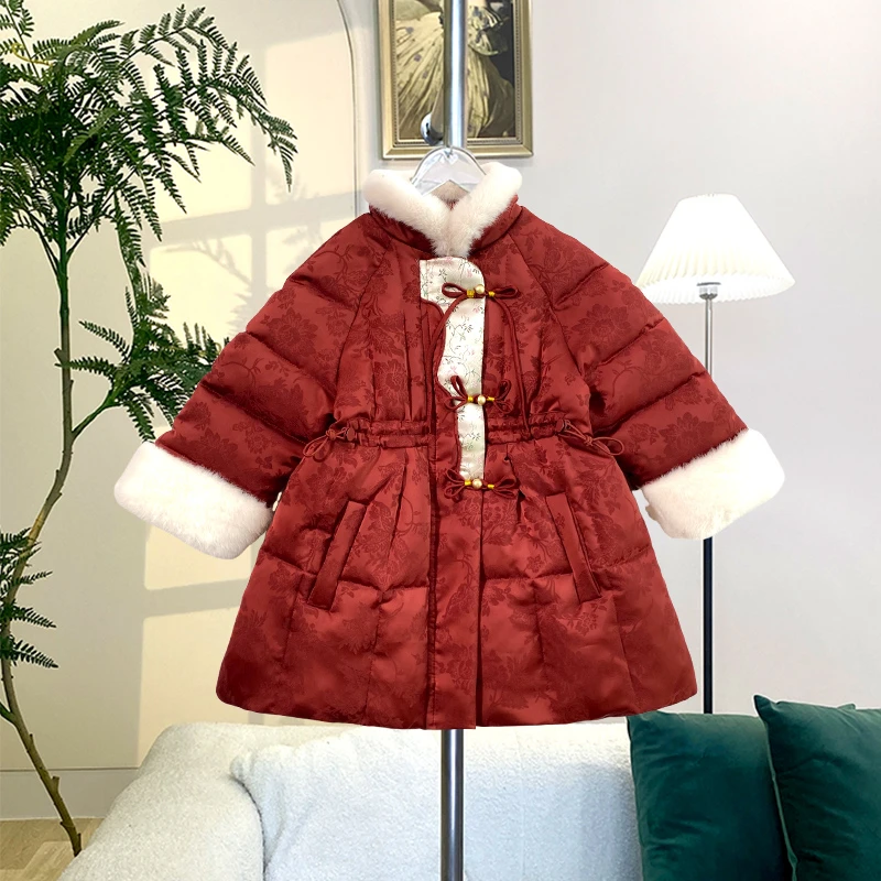 拜年服冬季棉服女童喜庆加厚洋气中长款儿童新年装外套Q24402