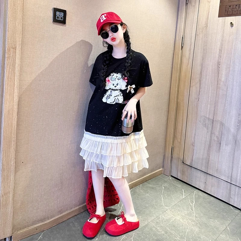 女童连衣裙夏2025新款女大童夏季韩系高级感T恤裙儿童洋气公主裙