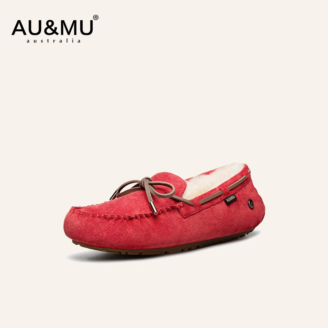 AUMU2025秋冬新品家居羊毛豆豆鞋女时尚真皮加绒保暖乐福鞋女3116