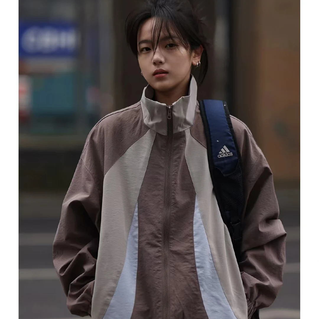 J36春秋潮牌美式复古设计感三色拼接情侣百搭休闲运动立领夹克