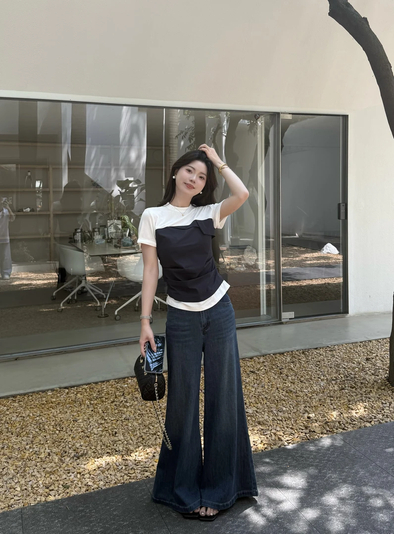【纸片人】复古深蓝色设计感高腰阔腿裤显瘦修身休闲百搭牛仔裤夏女