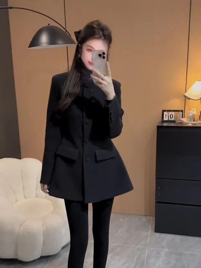 厚黑美学女中长款秋冬毛呢外套沙漏腰西装韩版上衣+短裤两件套