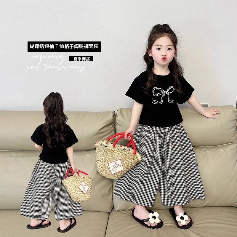 女童短袖T恤套装夏装新款韩版洋气宝宝休闲幼儿园格子两件套套装