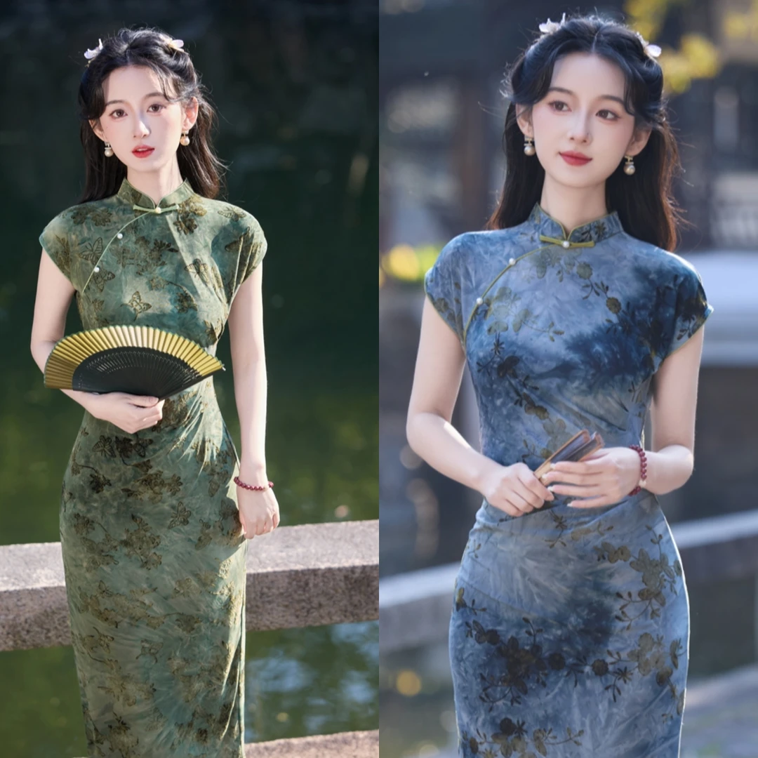 【华夫人】夏季新款 扎染植绒面料双色 国风单层旗袍 衣长125