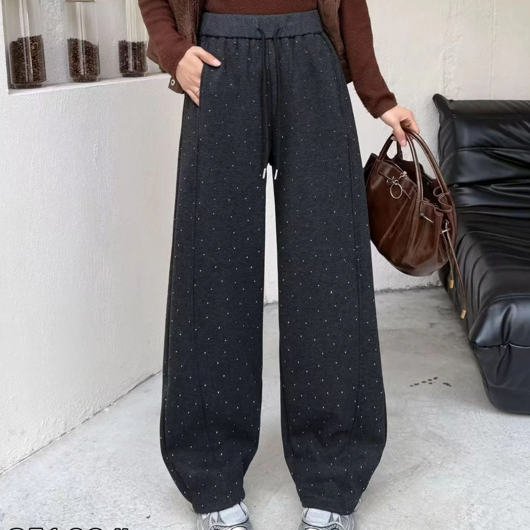 冬季加绒加厚高腰显瘦撒银弯刀阔腿休闲裤女