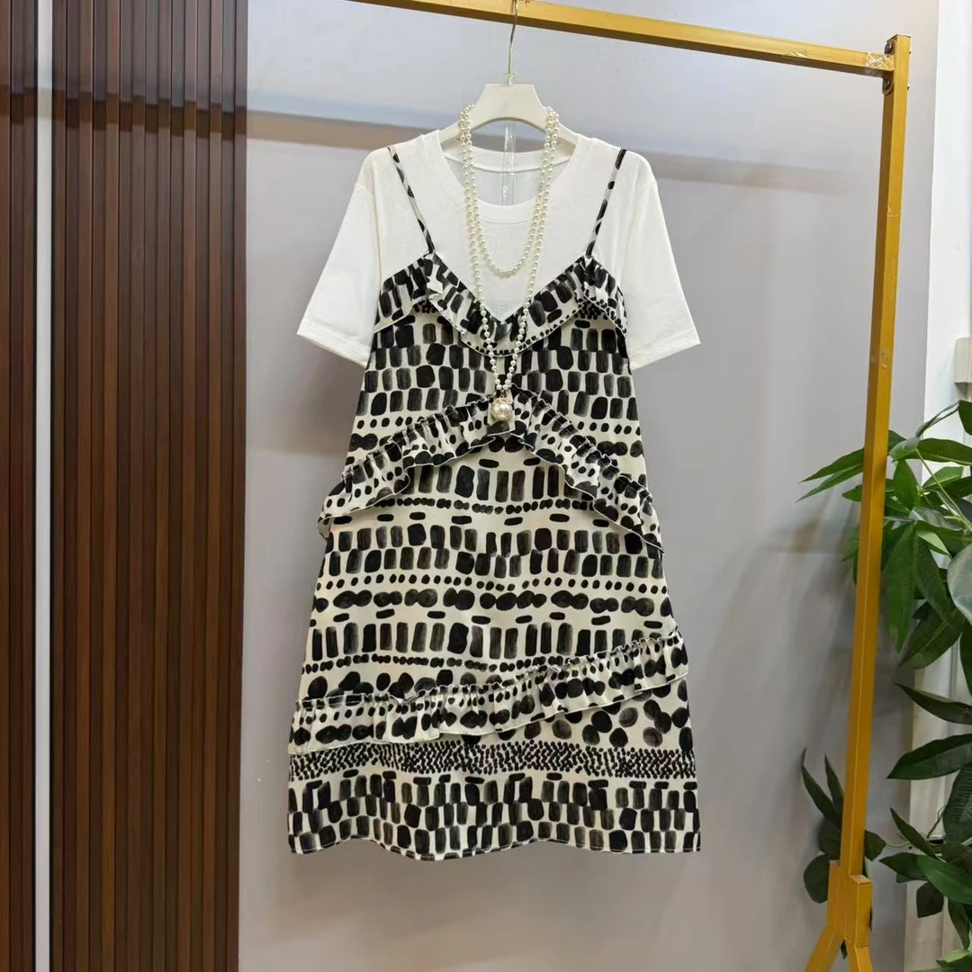 新款大码女装时尚宽松假两件拼接显瘦连衣裙